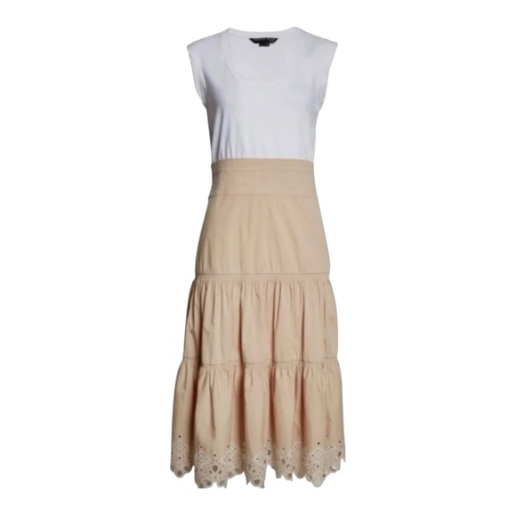 Veronica Beard Jeans Amaia Tiered Eyelet White Tan Combo Midi Dress Medium - Picture 3 of 13